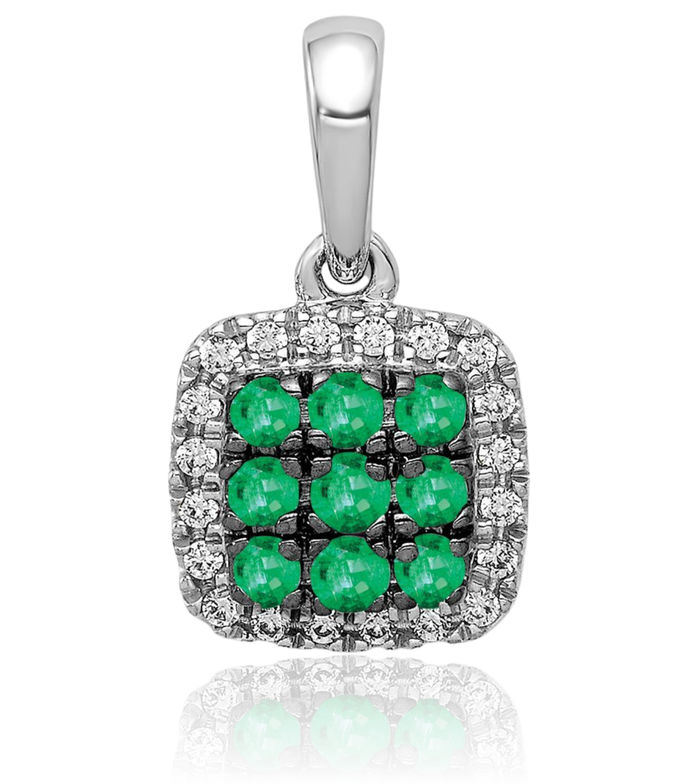 14K Solid White Gold Diamond Green Emerald Square Halo Round Necklace Gemstone Pendant Charm