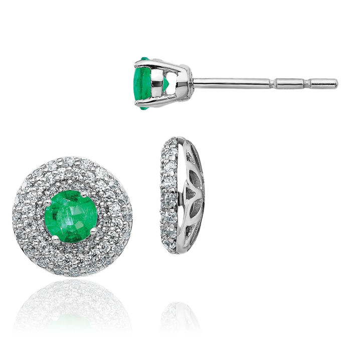 14K Solid White Gold Diamond Green Emerald Stud Earring Jackets for Studs May Birthstone Jewelry