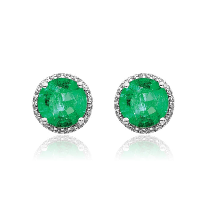 14K Solid White Gold Diamond Green Emerald Studs Gemstone Earrings