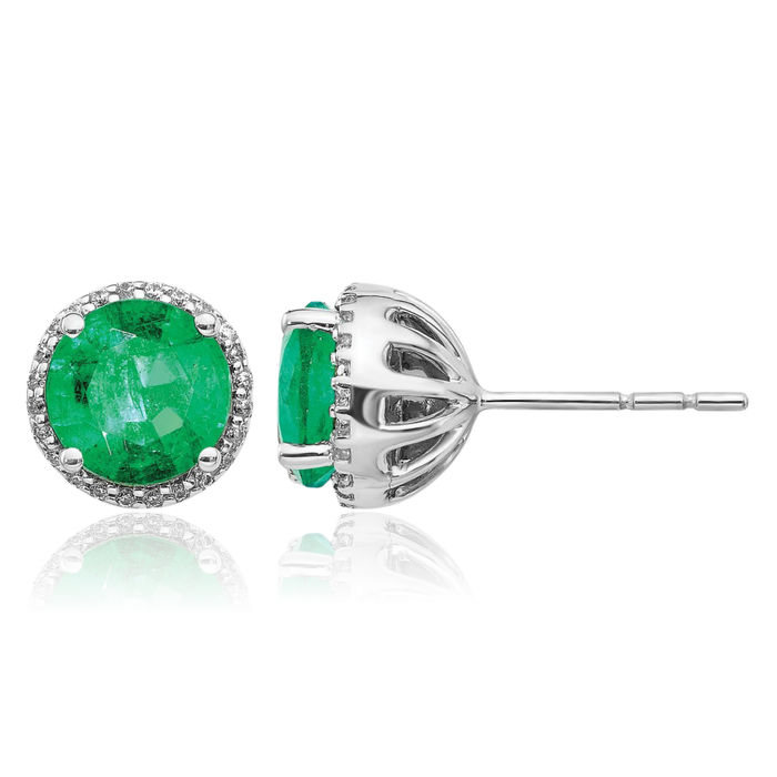 14K Solid White Gold Diamond Green Emerald Studs Gemstone Earrings