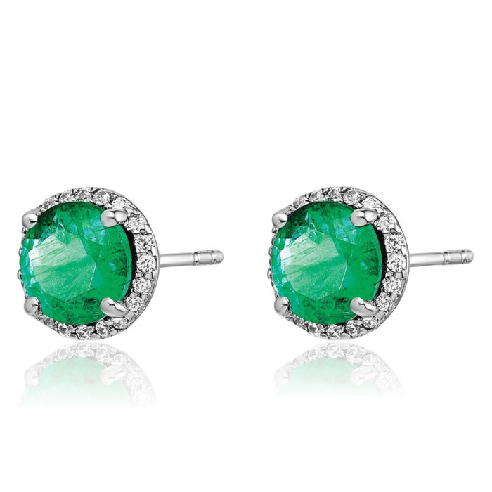 14K Solid White Gold Diamond Green Emerald Studs Gemstone Earrings