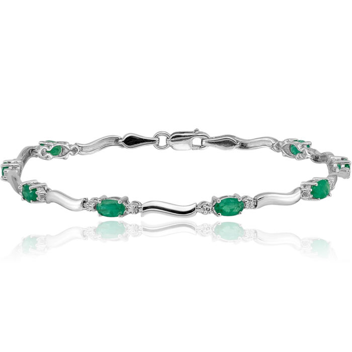 14K Solid White Gold Diamond Green Emerald Chain Gemstone Tennis Bracelet