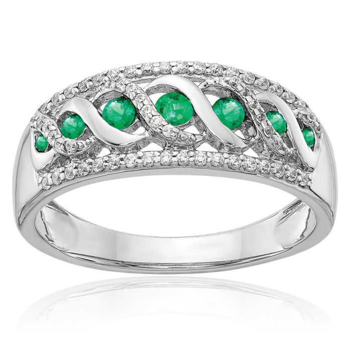 14K Solid White Gold Diamond Green Emerald Twisted Woven Crisscross Band Statement Ring Gemstone May Birthstone Jewelry