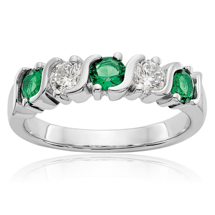 14K Solid White Gold Diamond Green Emerald Wedding Band Ring Gemstone