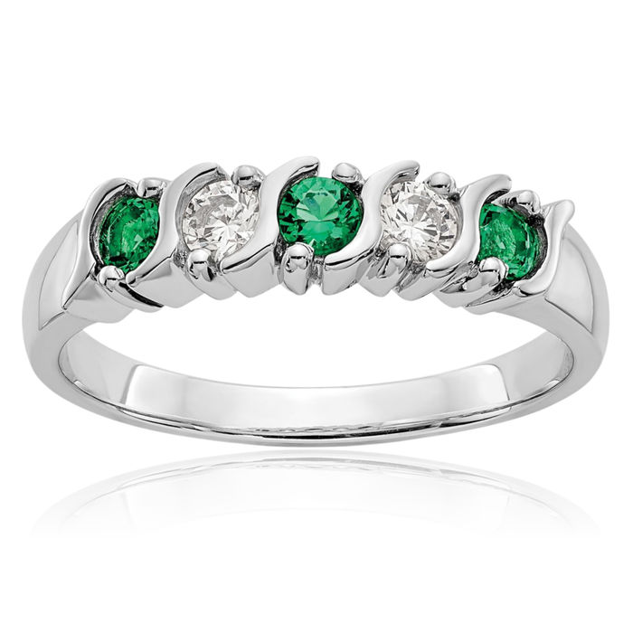 14K Solid White Gold Diamond Green Emerald Wedding Band Ring Gemstone