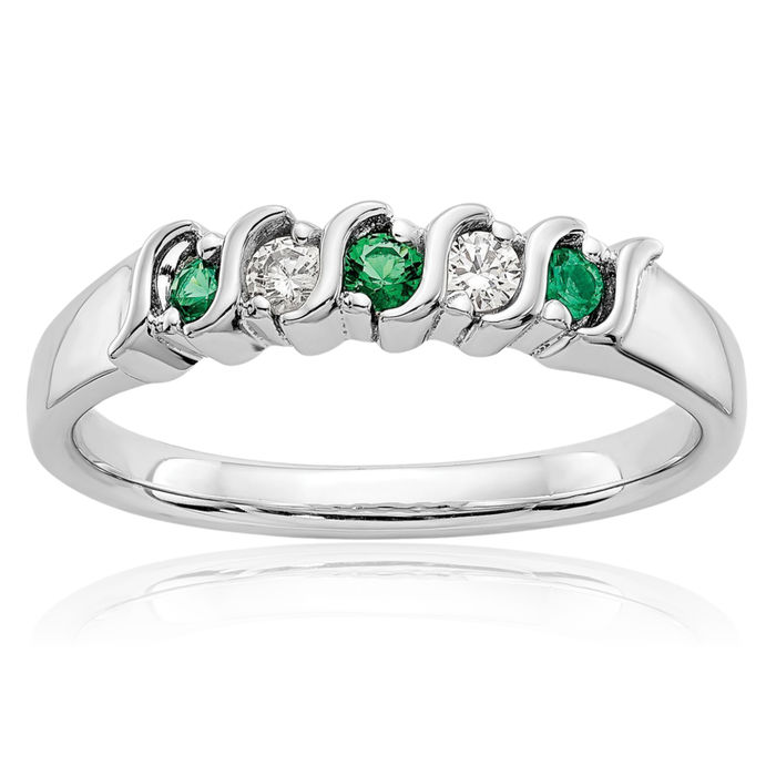 14K Solid White Gold Diamond Green Emerald Wedding Band Ring Gemstone