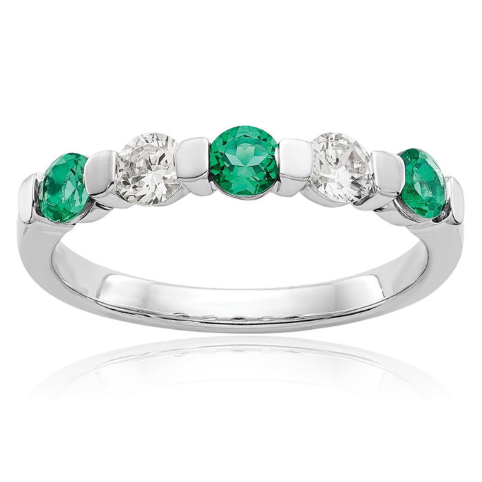 14K Solid White Gold Diamond Green Emerald Wedding Band Ring Gemstone