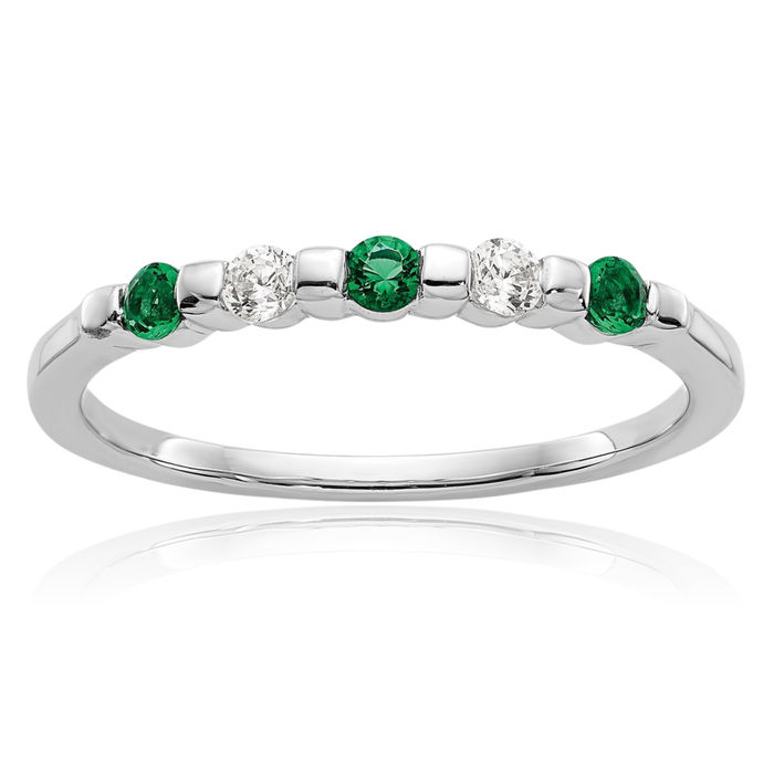 14K Solid White Gold Diamond Green Emerald Wedding Band Ring Gemstone