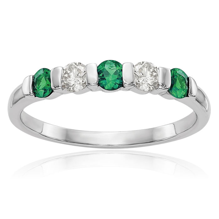 14K Solid White Gold Diamond Green Emerald Wedding Band Ring Gemstone