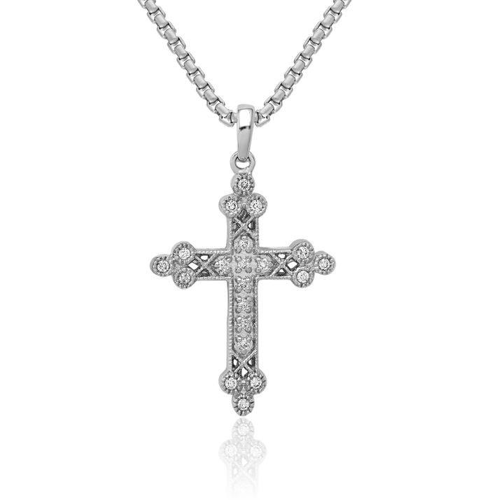 14K Solid White Gold Diamond Antique Filigree Budded Holy Cross Necklace Religious Chain Pendant Jesus Christ Christian Charm