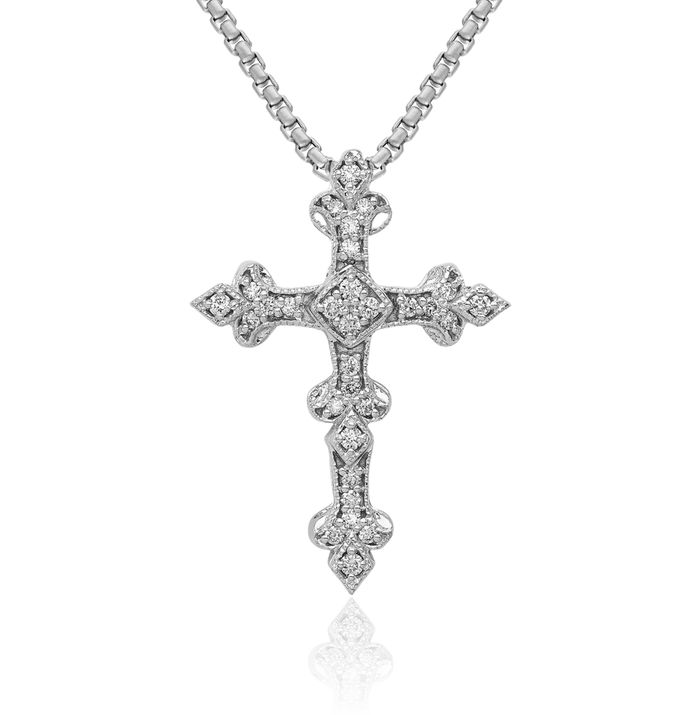 14K Solid White Gold Diamond Antique Filigree Holy Cross Floating Chain Slide Pendant Necklace Religious Jesus Christ Charm