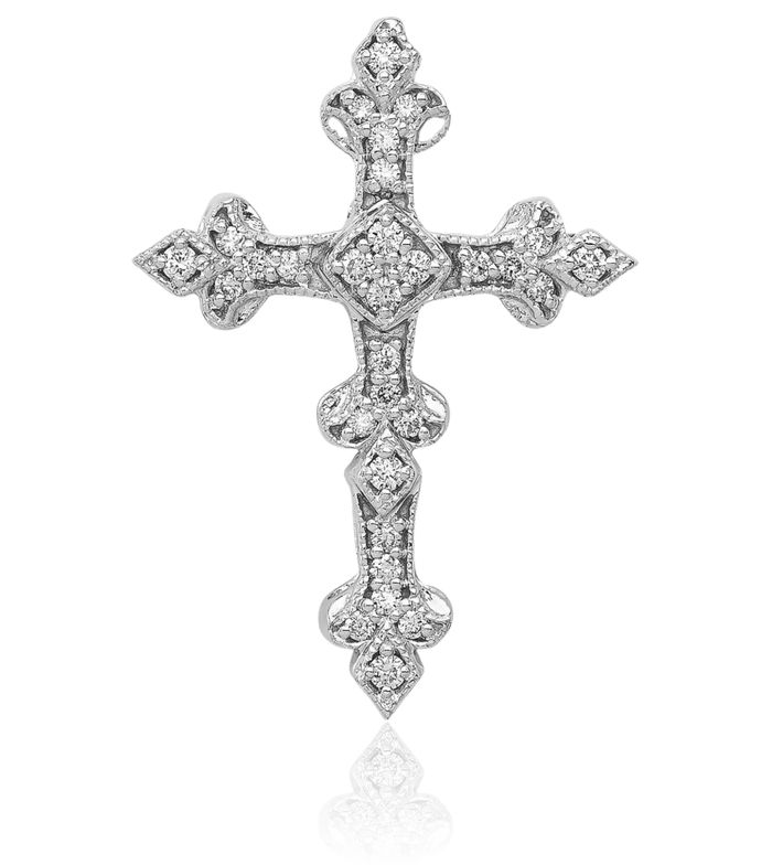 14K Solid White Gold Diamond Antique Filigree Holy Cross Floating Chain Slide Pendant Necklace Religious Jesus Christ Charm