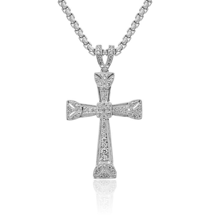 14K Solid White Gold Diamond Antique Filigree Holy Cross Necklace Religious Chain Pendant Jesus Christ Charm