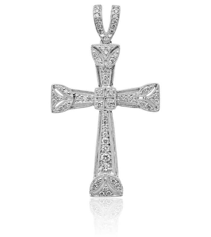 14K Solid White Gold Diamond Antique Filigree Holy Cross Necklace Religious Chain Pendant Jesus Christ Charm