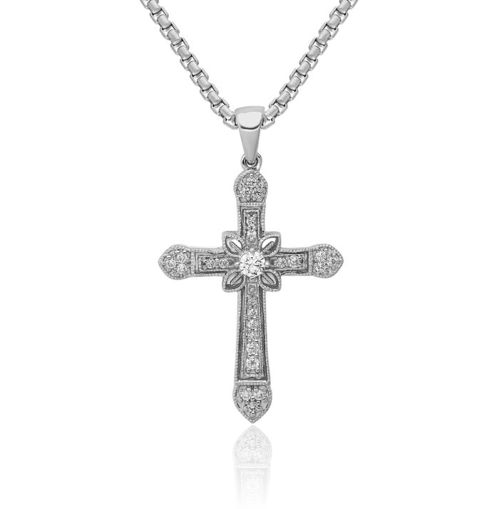 14K Solid White Gold Diamond Antique Filigree Holy Cross Necklace Religious Chain Pendant Jesus Christ Charm