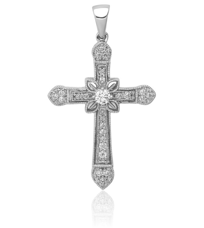 14K Solid White Gold Diamond Antique Filigree Holy Cross Necklace Religious Chain Pendant Jesus Christ Charm