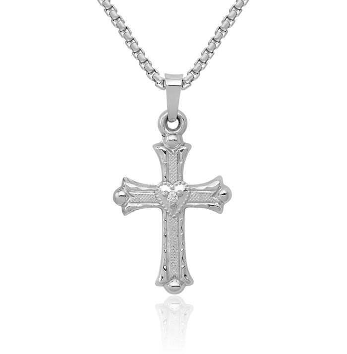 14K Solid White Gold Diamond French Fleur De Lis Lily Flower Holy Cross Necklace Religious Chain Pendant Jesus Christ Charm