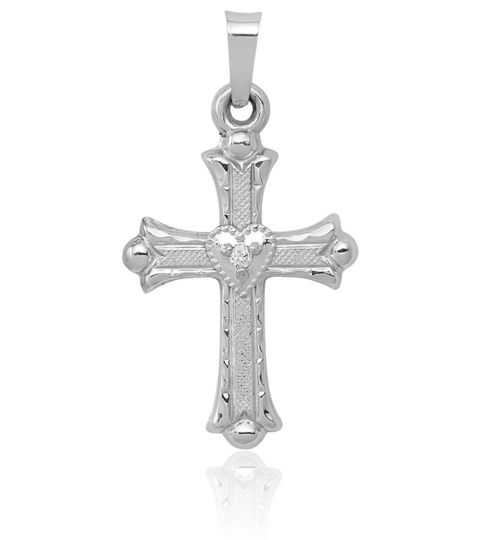 14K Solid White Gold Diamond French Fleur De Lis Lily Flower Holy Cross Necklace Religious Chain Pendant Jesus Christ Charm