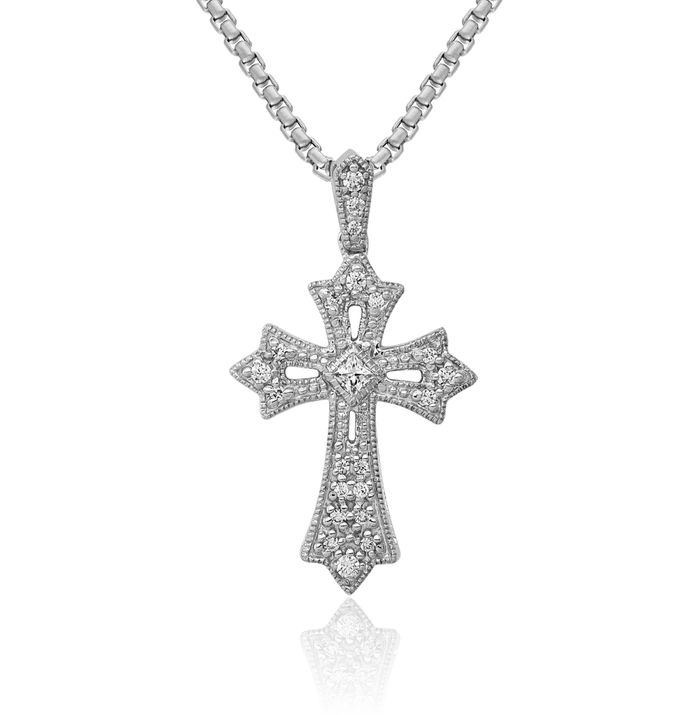 14K Solid White Gold Diamond French Fleur De Lis Lily Flower Holy Cross Necklace Religious Chain Pendant Jesus Christ Charm