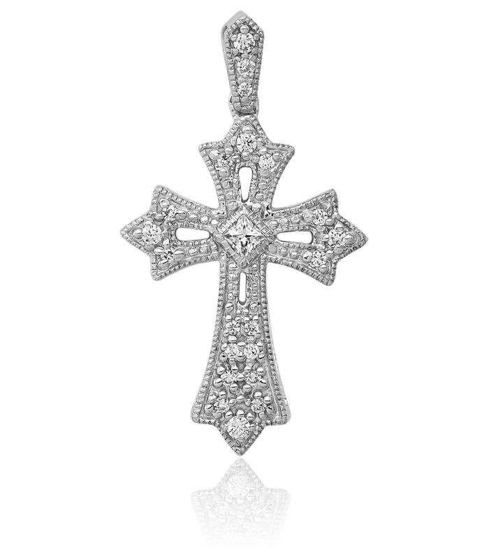 14K Solid White Gold Diamond French Fleur De Lis Lily Flower Holy Cross Necklace Religious Chain Pendant Jesus Christ Charm