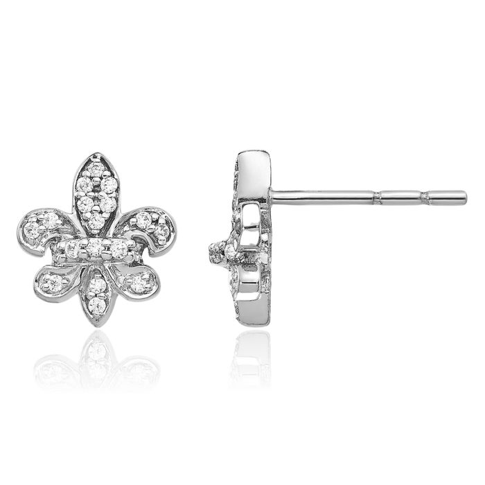 14K Solid White Gold Diamond French Fleur De Lis Lily Flower Stud Earrings