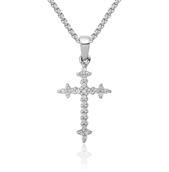 14K Solid White Gold Diamond Fleur E Lis Holy Cross Necklace Religious Chain Pendant Jesus Christ Charm