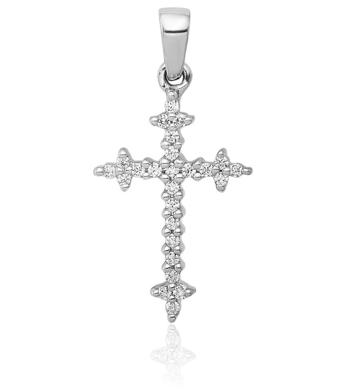 14K Solid White Gold Diamond Fleur E Lis Holy Cross Necklace Religious Chain Pendant Jesus Christ Charm
