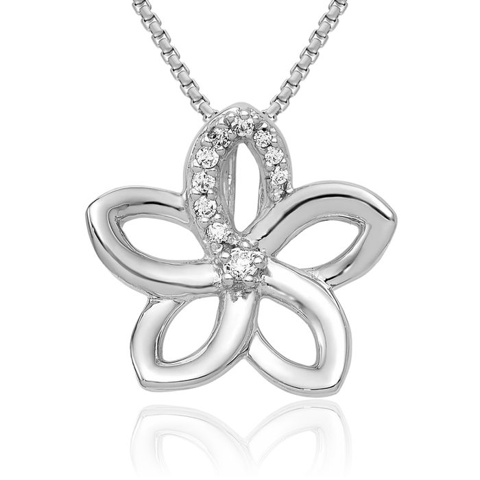 14K Solid White Gold Diamond Flower Floating Chain Slide Pendant Necklace Charm