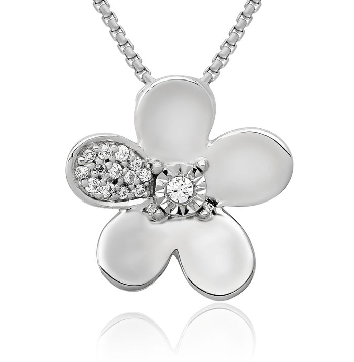 14K Solid White Gold Diamond Flower Floating Chain Slide Pendant Necklace Charm