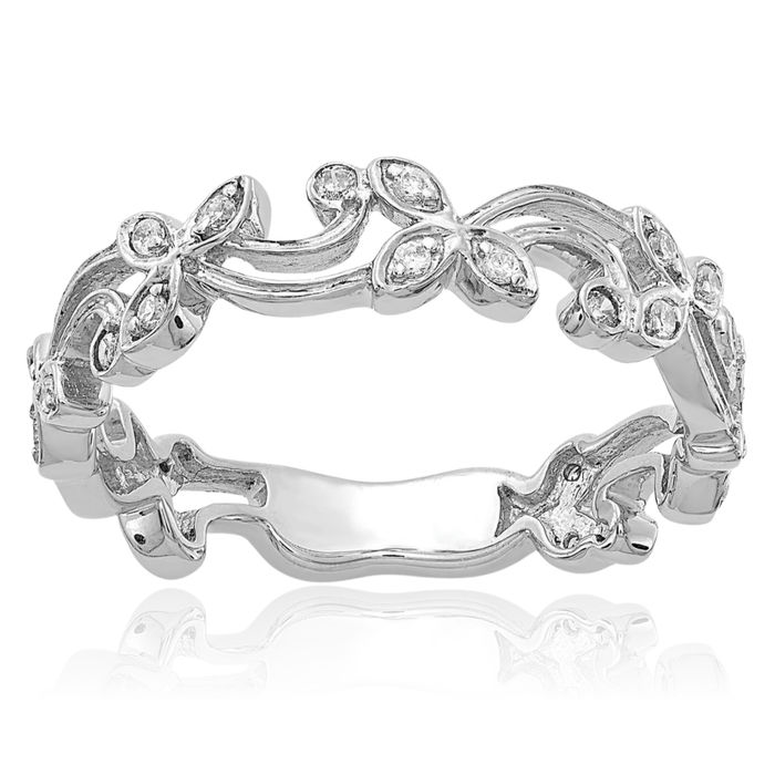 14K Solid White Gold Diamond Flower Ring