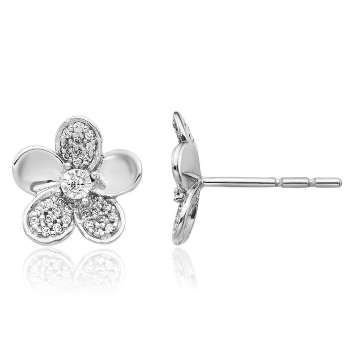 14K Solid White Gold Diamond Flower Stud Earrings