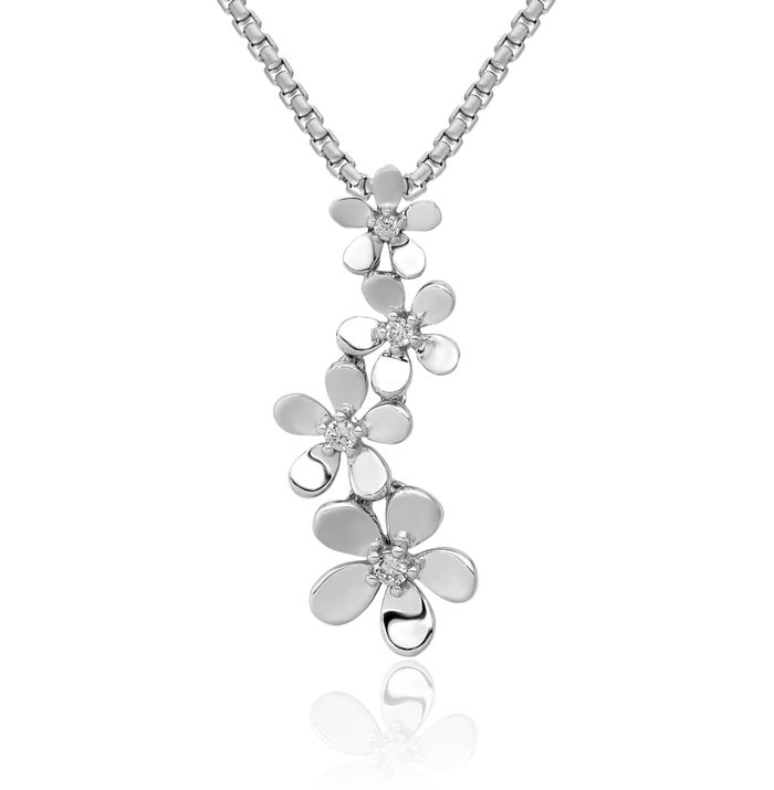 14K Solid White Gold Diamond Four Flower Floating Chain Slide Pendant Necklace Charm