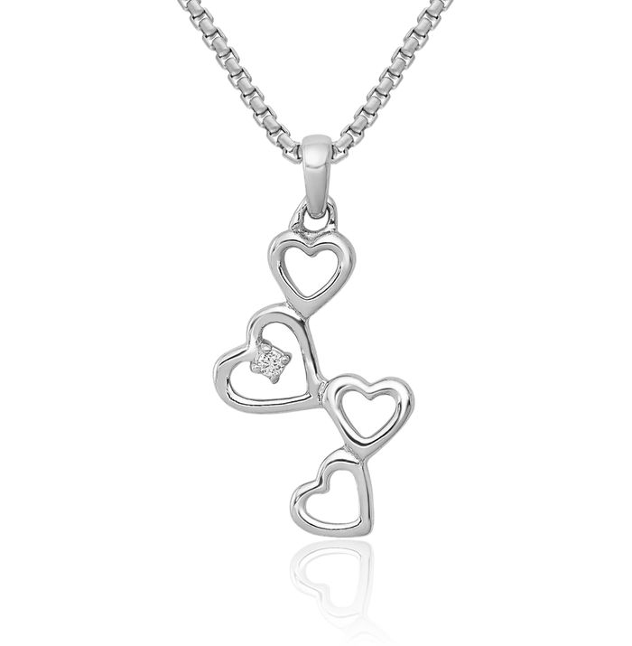 14K Solid White Gold Diamond Four Heart Necklace Love Pendant Charm
