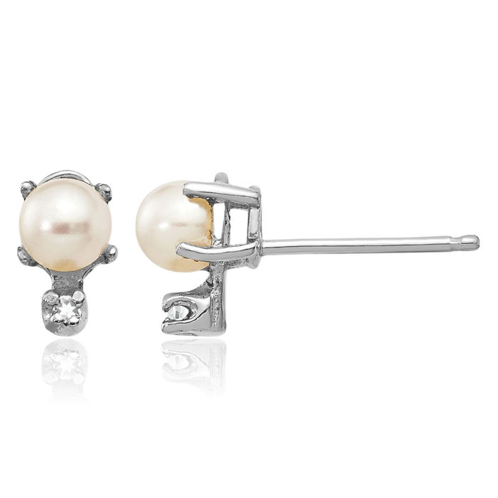 14K Solid White Gold Diamond Freshwater Cultured Pearl Stud Earrings Gemstone Post Push Back April June Birthstone Jewelry