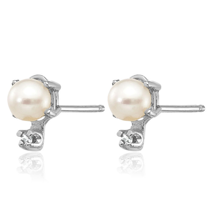 14K Solid White Gold Diamond Freshwater Cultured Pearl Stud Earrings Gemstone Post Push Back April June Birthstone Jewelry