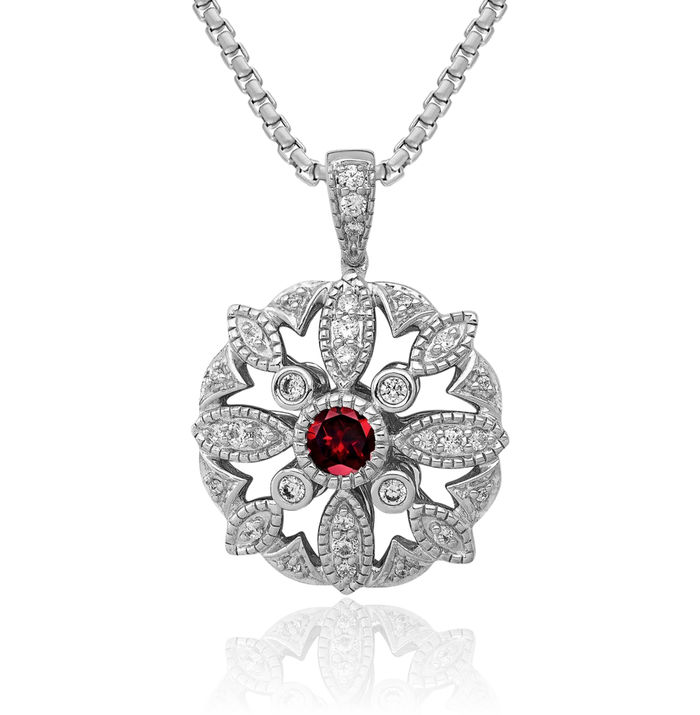 14K Solid White Gold Diamond Red Garnet Necklace Charm Gemstone Pendant