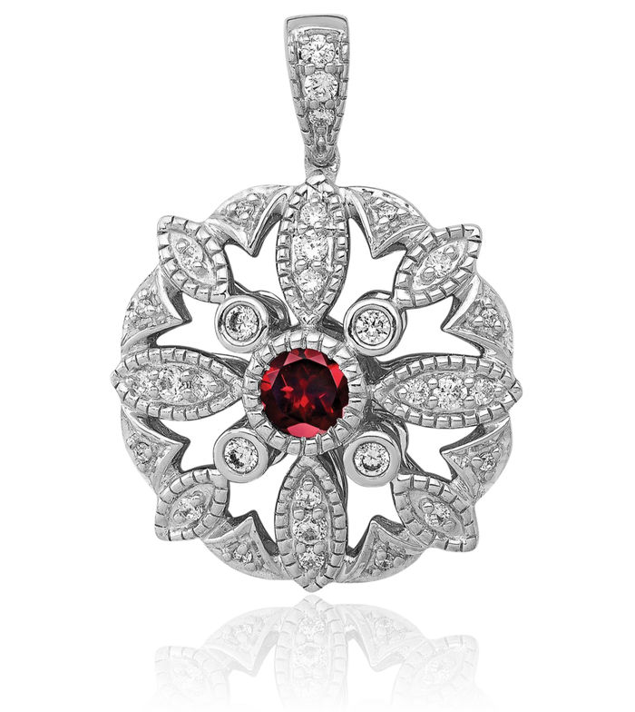 14K Solid White Gold Diamond Red Garnet Necklace Charm Gemstone Pendant