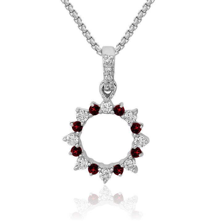 14K Solid White Gold Diamond Red Garnet Circle Round Necklace Gemstone Pendant Charm