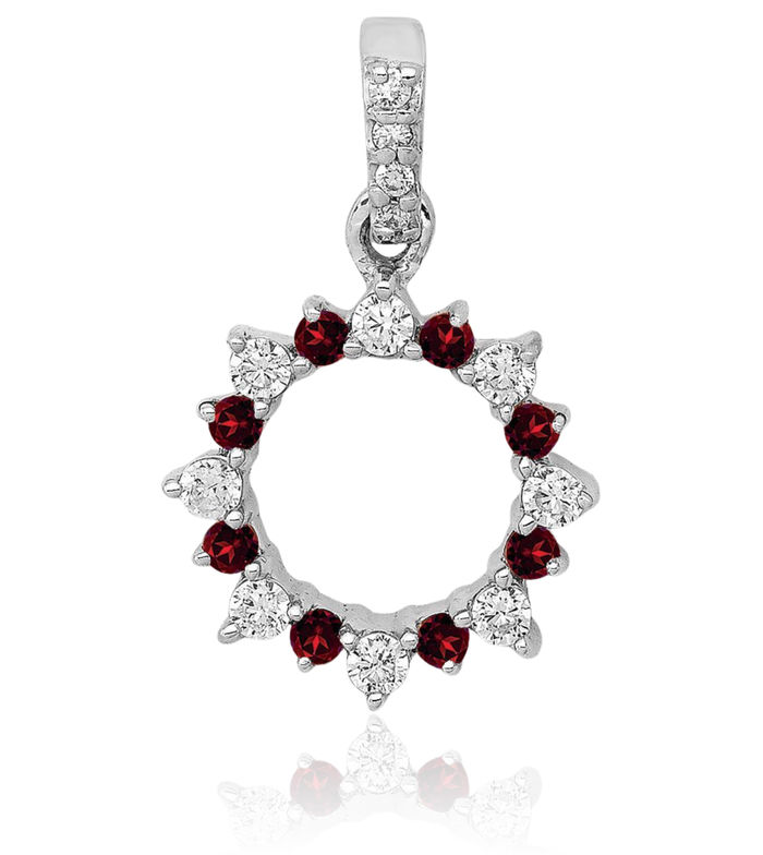 14K Solid White Gold Diamond Red Garnet Circle Round Necklace Gemstone Pendant Charm