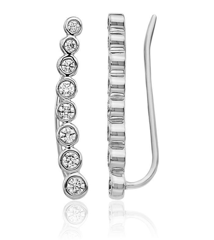 14K Solid White Gold Diamond Graduated Ear Climber Drop Dangle Earrings
