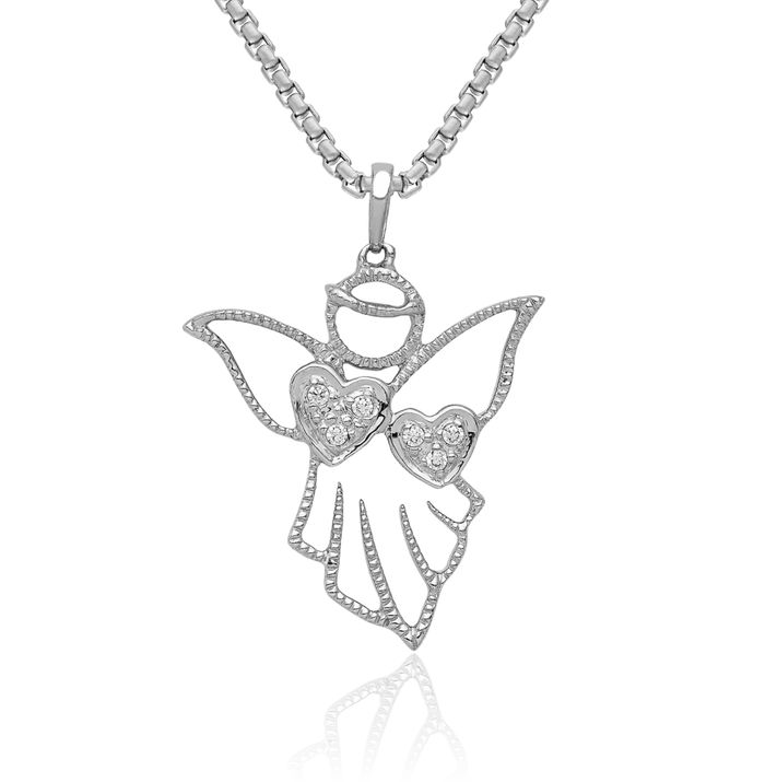 14K Solid White Gold Diamond Guardian Angel Wings Necklace Protect Us Cherub Pendant Religious Charm