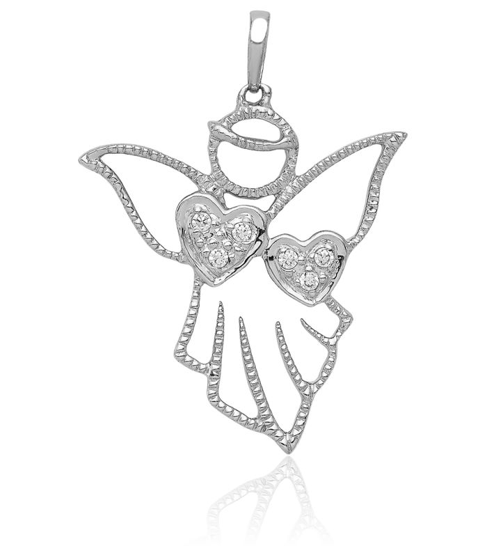 14K Solid White Gold Diamond Guardian Angel Wings Necklace Protect Us Cherub Pendant Religious Charm