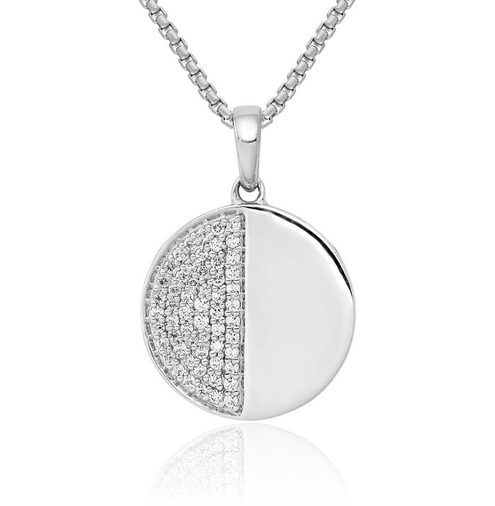 14K Solid White Gold Diamond Half Circle Round Necklace Chain Pendant Charm