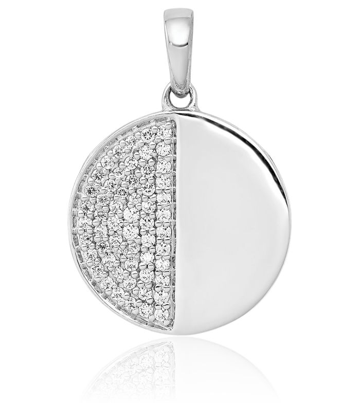 14K Solid White Gold Diamond Half Circle Round Necklace Chain Pendant Charm