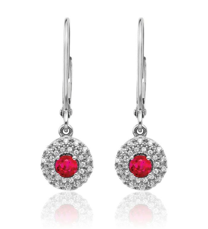 14K Solid White Gold Diamond Halo Round Red Ruby Drop Dangle Earrings Gemstone July Birthstone Jewelry