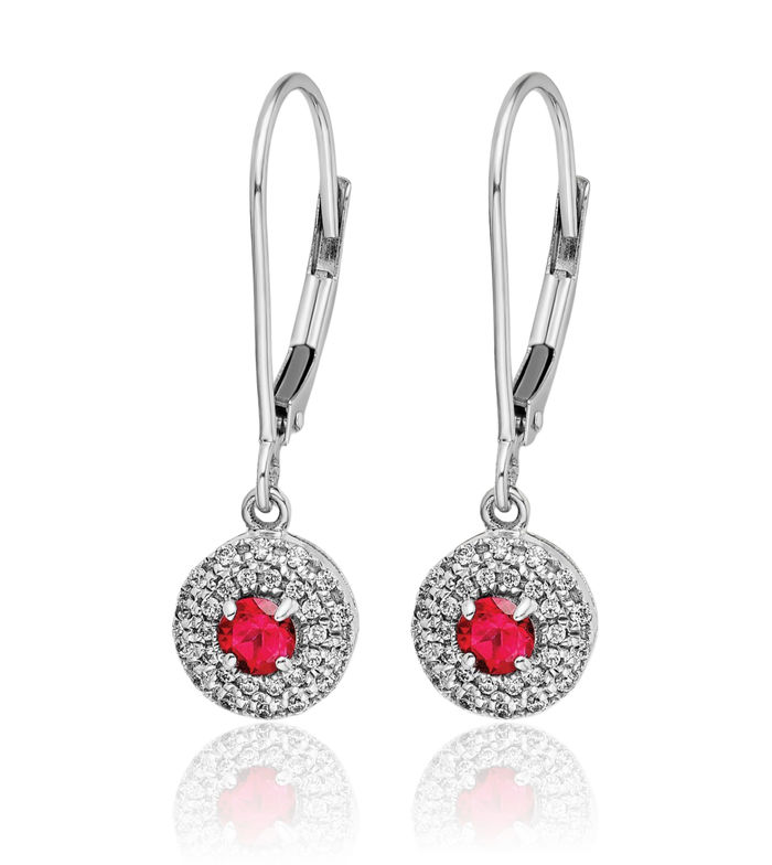 14K Solid White Gold Diamond Halo Round Red Ruby Drop Dangle Earrings Gemstone July Birthstone Jewelry