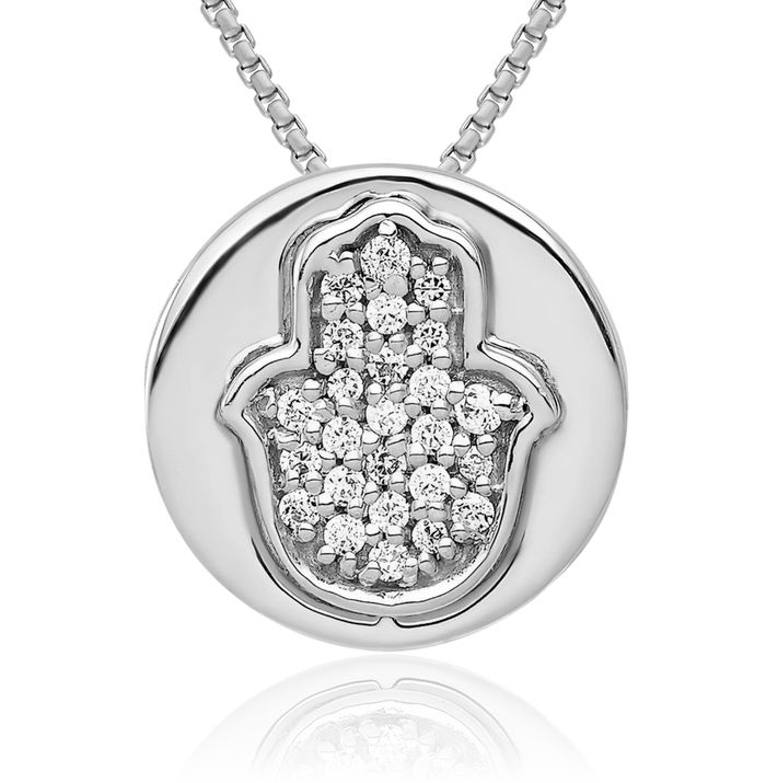 14K Solid White Gold Diamond Hamsa Hand of Fatima Evil Eye Protection Floating Chain Slide Pendant Necklace Judaica Religious Israel Charm