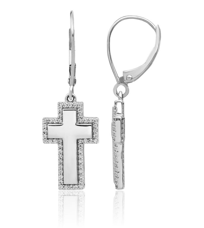 14K Solid White Gold Diamond Hanging Holy Cross Christian Religious Drop Dangle Earrings