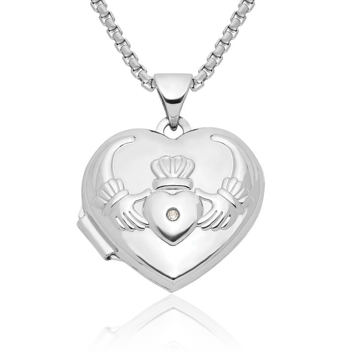 14K Solid White Gold Diamond Heart Irish Claddagh Celtic Personalized Photo Locket Necklace Picture Pendant Charm Jewelry