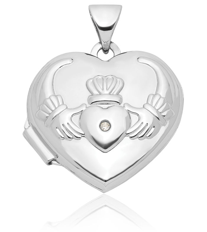 14K Solid White Gold Diamond Heart Irish Claddagh Celtic Personalized Photo Locket Necklace Picture Pendant Charm Jewelry